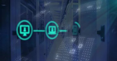 Animation of network of digital icons and binary coding against computer server room. Global networking and business data storage technology concept