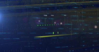 Çoklu grafikli hatalı teknik animasyonu ve siyah arkaplan üzerinde değişen sayılar. Dijital olarak üretilmiş, hologram, illüstrasyon, rapor, büyüme, soyut ve iş konsepti.