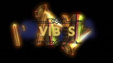 Neon titreşimlerin animasyonu siyah arkaplana karşı altın kristal şekiller üzerinde metin afişi. Video oyunu ve eğlence teknolojisi kavramı