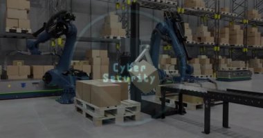 Deponun üzerindeki kalkan ve veri işleme animasyonları. Küresel siber güvenlik, taşımacılık, iş, finans, bilgisayar ve veri işleme kavramı dijital olarak oluşturulmuş video işleme kavramı.