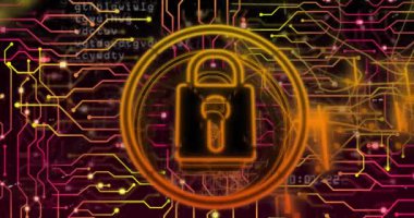 Çemberlerdeki asma kilidin ve siyah arkaplanda devre kartı deseninin animasyonu. Dijital olarak üretilmiş, hologram, illüstrasyon, aydınlatma, koruma, güvenlik, şekil ve teknoloji konsepti.