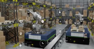 Depoda ikon ve veri işleme animasyonları. Küresel siber güvenlik, taşımacılık, iş, finans, bilgisayar ve veri işleme kavramı dijital olarak oluşturulmuş video işleme kavramı.