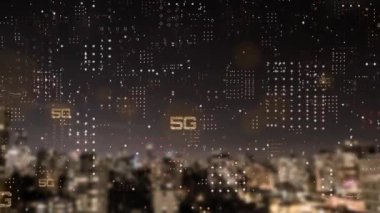 Şehir manzarası üzerinde 5G metin ağının animasyonu. Küresel ağlar, bağlantılar, veri işleme ve dijital arayüz kavramı dijital olarak oluşturulmuş video.