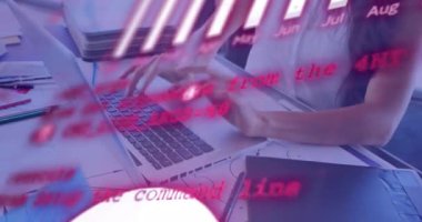 Grafikler, dünya ve bilgisayar dili animasyonu, dizüstü bilgisayarda çalışan orta kesim beyaz kadın. Dijital bileşim, rapor, iş dünyası, küreselleşme, kodlama, programlama dili ve teknoloji kavramı.