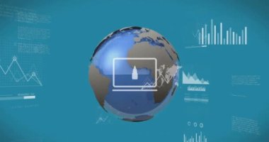 Mavi zemin üzerinde dönen dünya üzerindeki istatistiksel veri işleme ve uçak simgelerinin animasyonu. Bilgisayar arayüzü ve iş veri teknolojisi kavramı