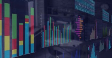 Boş ofise karşı istatistiksel veri işleme arayüzü animasyonu. Bilgisayar arayüzü ve iş veri teknolojisi kavramı