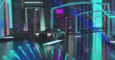 Araba sürerken dijital arayüzün animasyonu. Dijital olarak oluşturulmuş küresel bağlantılar, ağlar, veri işleme ve dijital arayüz kavramı.