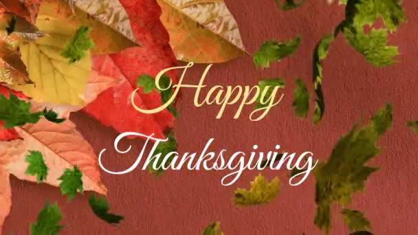 欢快感恩的动画文字横幅和秋天的树叶在粉色的背景下飘扬 感恩节和秋季的概念 — 图库视频影像