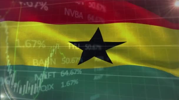 Анимация Обработки Данных Фондового Рынка Против Размахивания Флагом Ганы Концепция — стоковое видео