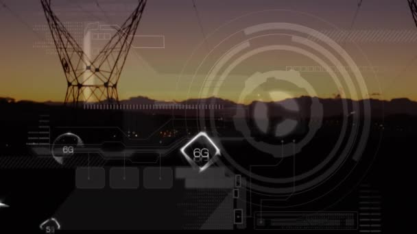 Animation Eines Textnetzes Von Und Über Der Landschaft Mit Strommasten — Stockvideo