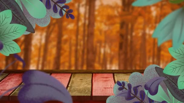 Animation Leaves Pattern Wooden Plank Trees Park Copy Space Thanksgiving — Stock Video