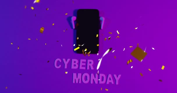 サイバー月曜日のテキスト スマートフォン イヤホンを紫色の背景に落下する菓子のアニメーション セールス トレード インターネット コミュニケーション レトロ未来のコンセプトデジタル生成ビデオ — ストック動画