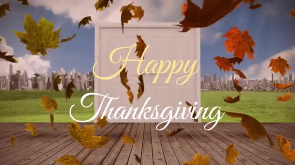 Animation Glad Thanksgiving Text Banner Och Höstlöv Faller Mot Dörren — Stockvideo