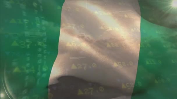 Animacja Przetwarzania Danych Giełdowych Przeciwko Machającej Nigeryjskiej Fladze Koncepcja Gospodarki — Wideo stockowe