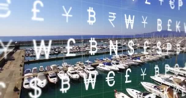 Animation Multiple Currency Grid Pattern Aerial View Parked Boats Dock — Stock Video