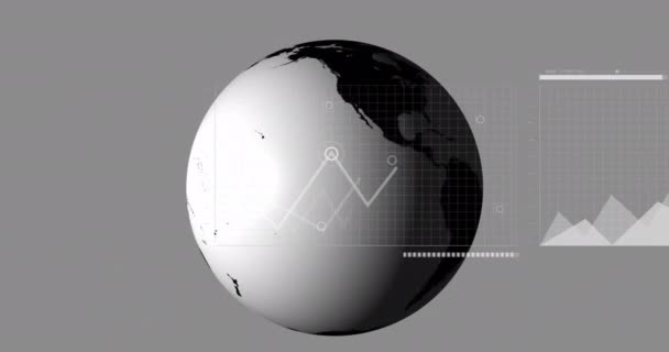 Gri Arka Planda Dönen Dünya Üzerinde Istatistiksel Veri Işleme Arayüzünün — Stok video