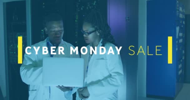 Animation Cyber Monday Sale Text African American Male Female Engineers — Stock Video