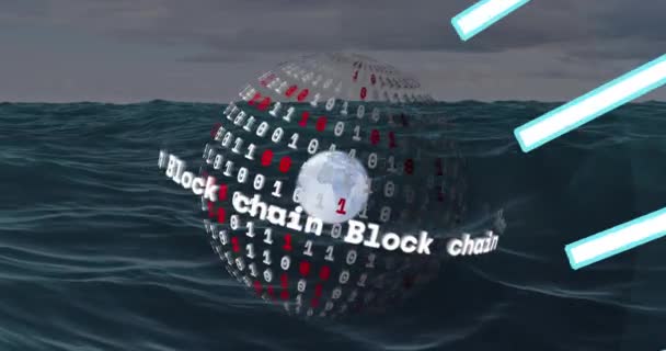 Animering Text Cirklar Och Blockkedja Text Runt Binära Koder Världen — Stockvideo