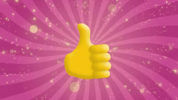 Animacja Żółtych Plamek Kciukach Ikona Górę Fioletowym Promieniowym Tle Koncepcja — Wideo stockowe