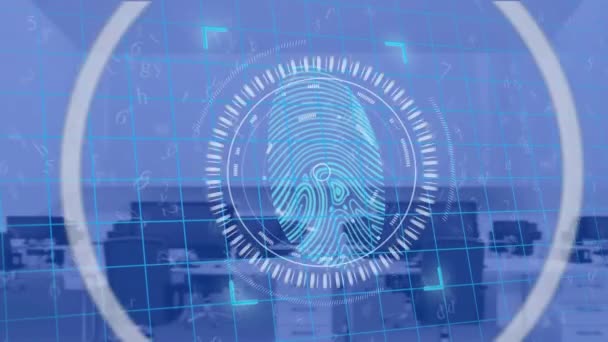 Animáció Távcső Szkennelés Biometrikus Ujjlenyomat Szkenner Szemben Üres Iroda Kiberbiztonság — Stock videók