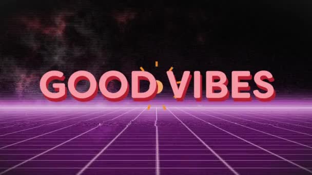 Animación Buena Vibra Banner Texto Sobre Red Púrpura Contra Fondo — Vídeos de Stock