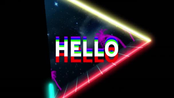 Animación Hola Banner Texto Palmeras Neón Red Contra Espacio Concepto — Vídeos de Stock