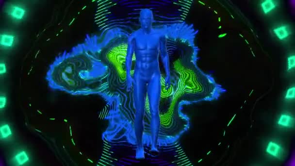 蓝色3D男性形象行走在扭曲的数据灯的黑色背景 数字接口 连接和数字视频通信 — 图库视频影像