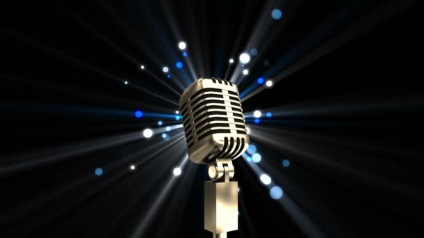 Animación Micrófono Sobre Puntos Luz Azul Brillante Sobre Fondo Negro — Vídeos de Stock