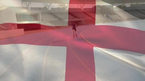 トラック上で実行されている義足とイギリスの旗を振る人形の男性アスリートのアニメーション デジタル複合 スポーツ 人工肢 愛国心 プライドコンセプト — ストック動画