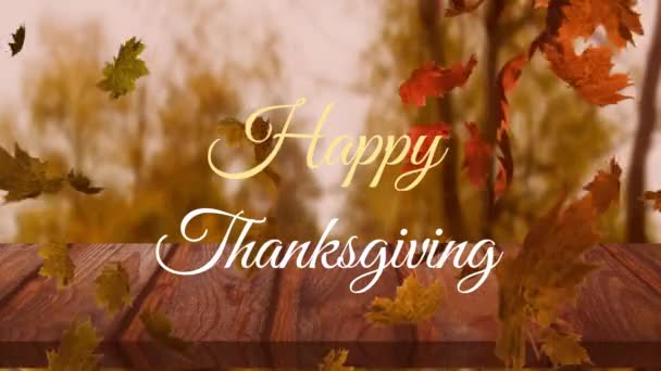 Animace Šťastného Díkůvzdání Textu Podzimního Listí Plovoucího Dřevěném Prkně Proti — Stock video