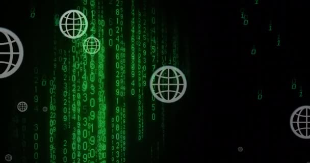 Анімація Значків Глобусу Над Падінням Змінних Чисел Двійкових Кодів Чорному — стокове відео