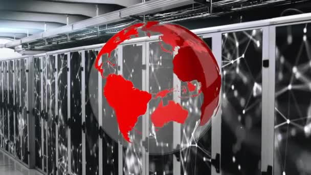 Animação Globo Rotativo Sobre Pontos Conectados Sistemas Servidor Dados Sala — Vídeo de Stock