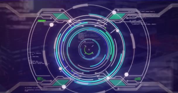 Neon Yuvarlak Tarayıcı Üzerinde Tarama Mavi Arkaplanda Veri Işleme Animasyonu — Stok video