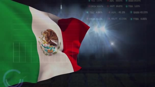 Animatie Van Verwerking Van Beursgegevens Tegen Zwaaiende Mexico Vlaggen Lichte — Stockvideo