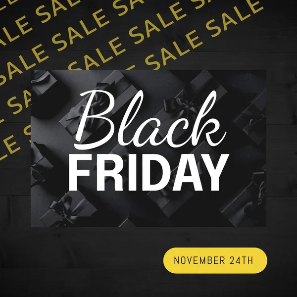 Composite of black friday text and gifts on black background. Black friday, online shopping, cyber sales and retail concept digitally generated image.