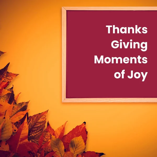 Thanks Giving Moments Joy Text Frame Autumn Leaves Yellow Background — Stock Photo, Image
