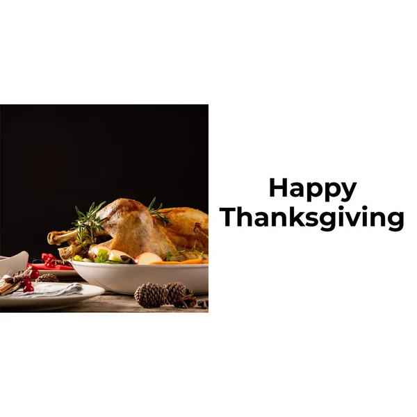 Happy thanksgiving text on white with thanksgiving turkey dinner on table. Thanksgiving, harvest festival, american tradition, family and autumn celebration digitally generated image.
