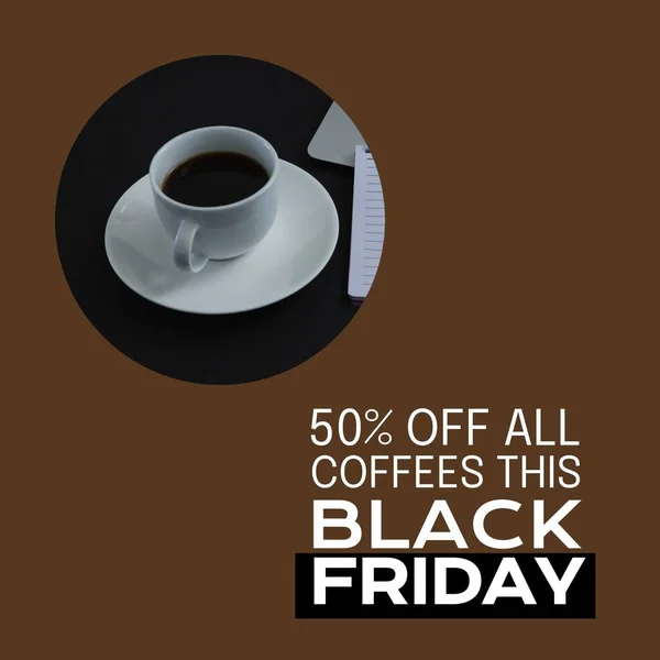 Composite of black friday coffee sale text over coffee cup on brown background. Black friday, sales, shopping and retail concept digitally generated image.