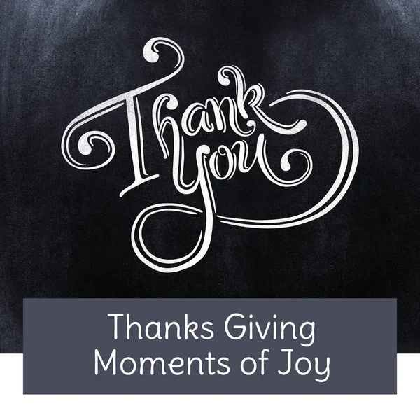 Thanks you, thanks giving moments of joy text in white on grey and black background. Thanksgiving, harvest festival, american tradition, family and autumn celebration digitally generated image.