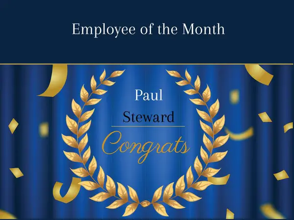 Employee of the month, congrats text with name on blue with gold confetti and laurel wreath. Business, employment, service, award and achievement certificate, digitally generated image.
