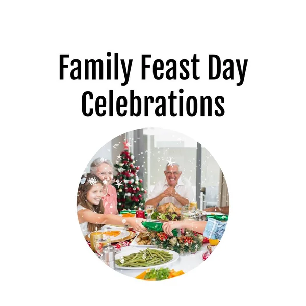 Family feat day celebrations text with caucasian family at christmas dinner table. Christmas, tradition, family and celebration digitally generated image.