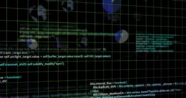 Siyah arkaplan üzerinde bilgisayar dili, küre ve grafiklerin animasyonu. Dijital olarak üretilen hologram, illüstrasyon, küreselleşme, rapor, iş dünyası, programlama dili ve teknoloji kavramı.