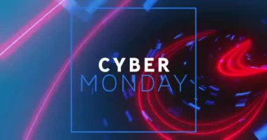 Pazartesi siber metin afişi mavi arka planda kusursuz desenli neon tünele karşı animasyon. İndirim ve perakende iş konsepti