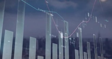 Şehir manzarasının havadan görüntüsüne karşı istatistiksel veri işleme animasyonu. Bilgisayar arayüzü ve iş veri teknolojisi kavramı