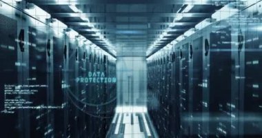 Veri sunucu odasında parmak izi, veri güvenlik metni, simgeler ve bilgisayar dili animasyonu. Dijital bileşik, biyometrik, bulut hesaplama, kodlama, veri merkezi, ağ, teknoloji kavramı.