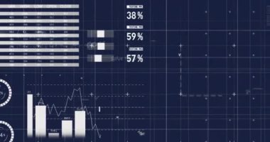 Mavi arkaplana karşı istatistiksel veri işleme ve matematiksel denklemlerin animasyonu. İş verileri ve araştırma bilimi teknolojisi kavramı