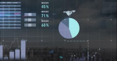 Şehir manzarasının havadan görüntüsüne karşı istatistiksel veri işleme animasyonu. Bilgisayar arayüzü ve iş veri teknolojisi kavramı