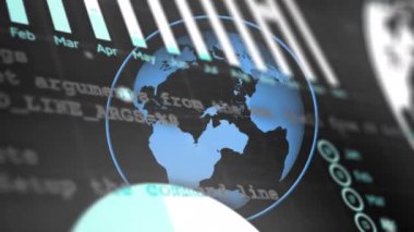 Siyah arkaplan üzerinde yuvarlak, grafik, küre ve bilgisayar dilinin animasyonu. Dijital olarak üretilmiş, hologram, illüstrasyon, rapor, iş dünyası, küreselleşme, kodlama ve teknoloji kavramı.