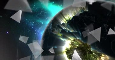 Üç boyutlu üçgenlerin animasyonu ve soyut arkaplan üzerinde dönen dünya ile bağlantılı noktalar. Dijital olarak üretilmiş, hologram, illüstrasyon, şekil, iletişim, aydınlanma ve küreselleşme kavramı.