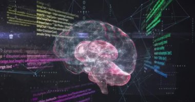 İnsan beyni animasyonu, bilgisayar dili ve siyah arkaplan üzerinde bağlantılı noktalar. Dijital olarak üretilmiş, hologram, yapay zeka, iletişim, anatomi, kodlama ve teknoloji konsepti.